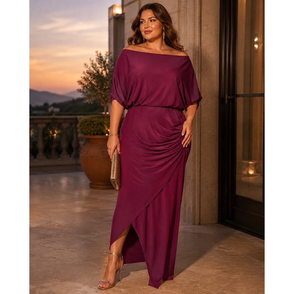 482. Wedding Guest Party Formal Wine Off Shoulder Ruched Maxi Dress Plus 1X